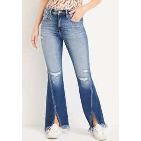 KanCan Denim - KanCan Flare High Rise Slit Frayed Hem Jeans Women 30 Blue Boho Distressed